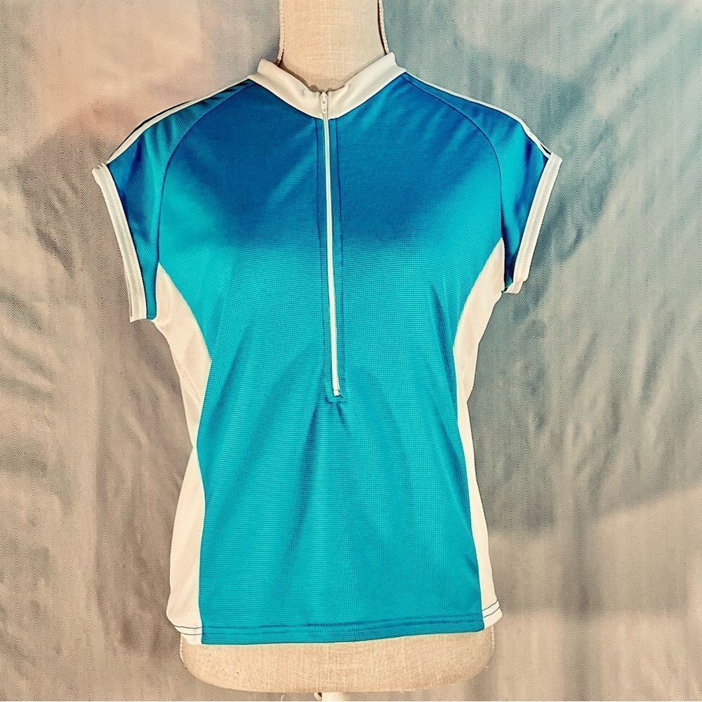 Nashbar Teal & White 1/2” Zipper Cycling Sleeveless Top Two back Pockets L👍